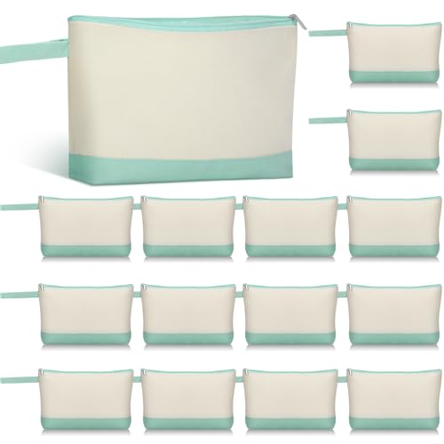 Silkfly 15 Pcs Cotton Canvas Makeup Bags Cosmetic Zipper Bags 10.2 x 5.5 x 2'' Blank DIY Pouch Bulk Pencil Case with Bottom Travel Toiletry Pouch for Women Craft Decor Gift (Beige and Green) - color: Beige and Green