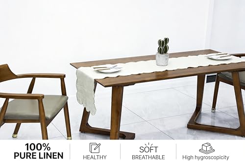 100% Natural Linen Rustic Scalloped Embroidery Table Runner 144 Inches Long, Linen Table Runner 14 x 144 Inch for Dresser and Dining Tables Decor, 12-14 Sets, 14''x144'' Linen(Edges-Gold) - size: 14''x144''