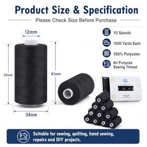 Simthread All Purpose Sewing Thread, 10 Spool 1000 Yards Each Bobbin Polyester Thread for Sewing, Handy Polyester Sewing Threads for Sewing Machine - (Black Series) - color: black series