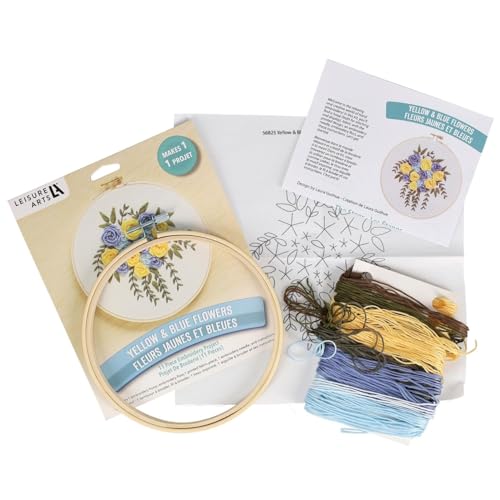 LEISURE ARTS Embroidery Kit 6" Yellow & Blue Flowers - Embroidery Kit for Beginners and Adults, Cross Stitch Kits with Patterns, DIY Starter Set for Seasonal Craft Projects