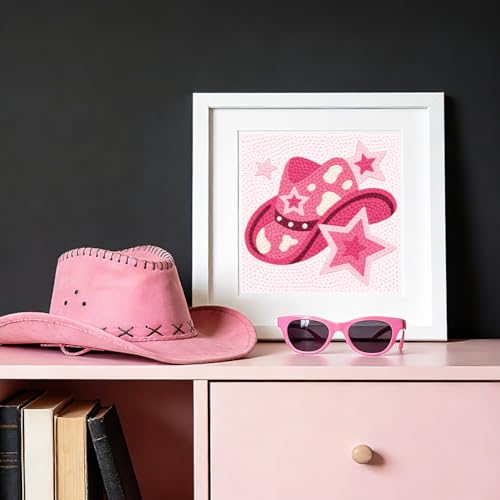 DOODLREAM Weatern Cowboy Punch Needle Kit for Beginner, 9.4"x9.4" Pink Star Hat Stitching Craft Set, DIY Embroidery Starter with Printed Frame, Instruction, Threader, Yarn, Pinch Needle - color: Pink Star Hat