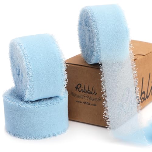 Ribbli Baby Blue Ribbon 1 Inch x 3 Rolls Total 24 Yards Light Blue Handmade Fringe Chiffon Silk Ribbon for Wrapping Wedding Invitations Bridal Bouquets DIY Crafts Home Decor - color: Baby Blue