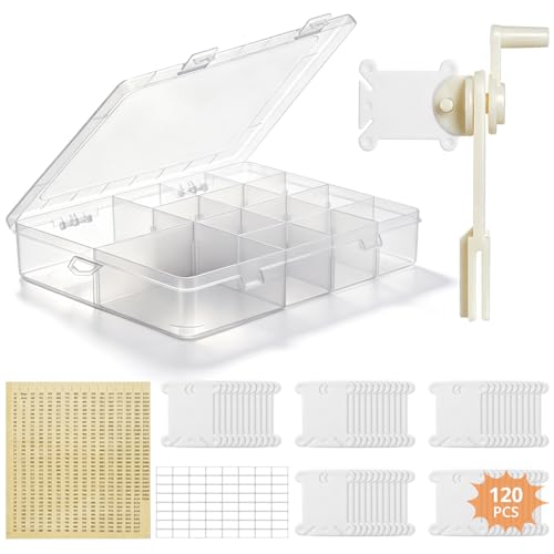 Embroidery Floss Organizer, Cross Stitch Thread Storage Box with Removable 14 Compartments Embroidery Thread Organizer Includes 120 Plastic Bobbins, Stickers, Bobbin Winder for DIY Sewing Crafts