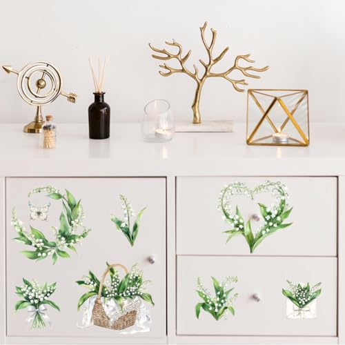 Peacoblue Rub on Transfer Decal Sticker for Furniture Craft Decor 6"x12" Lily of The Valley, 3Pcs Waterproof UV DTF Transfer for Drawer Dresser Glass Porcelain Wood Plastic - style: Lily of The Valley