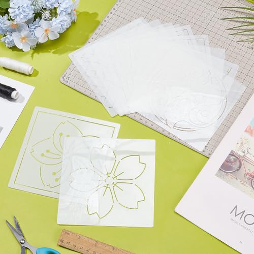 FREEBLOSS Sashiko Embroidery Stencils Sashiko PET Stencil Flowers Embroidery Patterns Stencils for Drawing Sashiko Template for Hand Quilting and Embroidery 14x14cm - style: Flowers