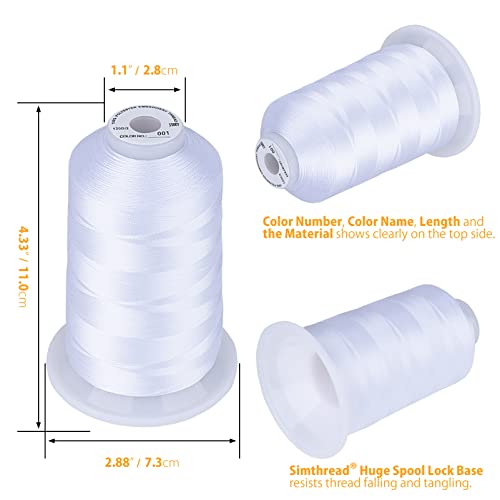Simthread Embroidery Thread 5500 Yards White 001, 2 Huge Spools 40wt Polyester for Brother, Babylock, Janome, Singer, Pfaff, Husqvarna, Bernina Machine - color: White