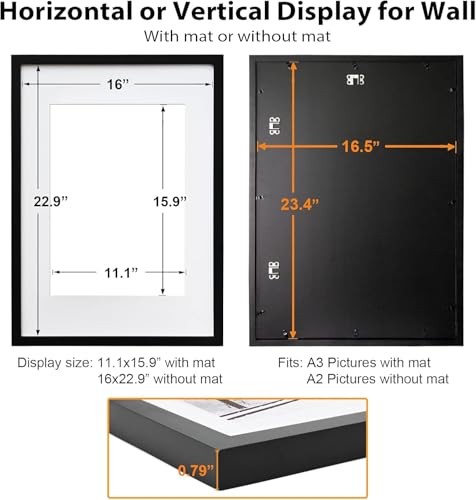 Egofine A2 Solid Wood Picture Frame, Made of Solid Wood Covered by Plexiglass A3 with Mat 16.5 x 23.4 without Mat, Poster Frame for Wall Mounting Hanging Photo Frame Vertically or Horizontally, Black - color: Black, size: A2