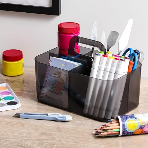 Multiuse Caddy Organizer with Handle, Portable Plastic Tote Bin - Art Craft, Stationary Pen Marker Crayons, Makeup Hair Supplies Storage - Bathroom, Classroom, Dorm, Office, Desk Holder - Clear Black - color: Clear Black