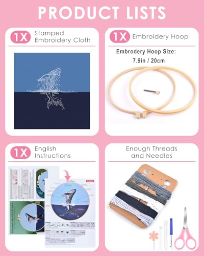 TINDTOP Embroidery Kit for Beginners Adult, Whale Embroidery Practice Kit - color: Whale