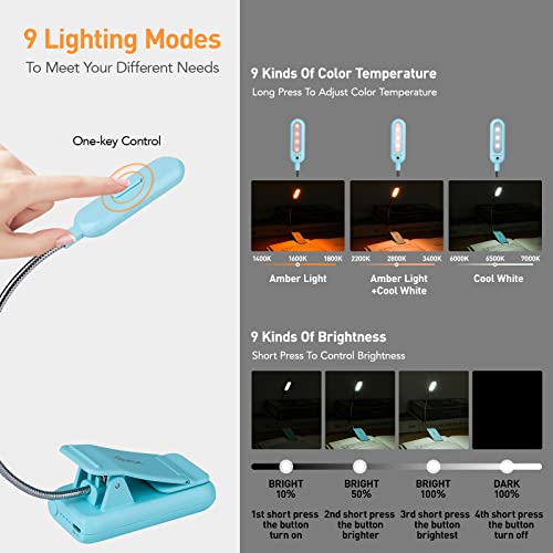 VAVOFO Rechargeable Book Light, Blue Light Blocking, Amber 1600K Clip On Reading Light, Eye Care 7 LEDs Kids Book Light for Reading in Bed with Power Indicator for Bookworms (Mint Blue) - size: 1-Pack Mint Blue