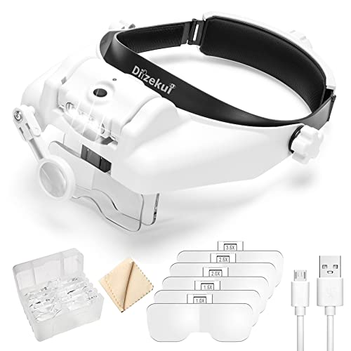 Dilzekui Magnifying Glass with Light 1X-14X, Rechargeable Headset Magnifier - color: White