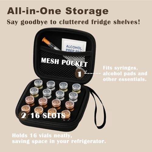 Peptide Vial Case for Fridge Storage - 16 Slot Organizer Holds 1-3ml Vials for Insulin, GLP-1, Peptides,Hard Shell Travel Case with Hand Strap,Black - color: Black-16 Slots