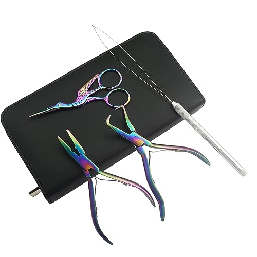 Hair Extension Beading Tool Kit Hair Extensions Micro Link Bead Closer and Remover Pliers and Cutting Scissors Set, Link Micro Ring Loop Needle Pulling Hook Threader Wire for Silicone Rings（Rainbow）