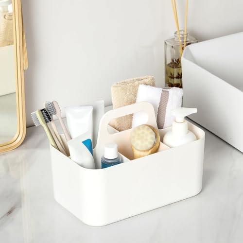 Multiuse Caddy Organizer with Handle, Portable Divided Plastic Tote Bin - Art Craft, Stationary Pen Marker Crayons, Makeup Hair Supplies Storage - Bathroom, Classroom, Dorm, Office, Desk Holder -White - color: White