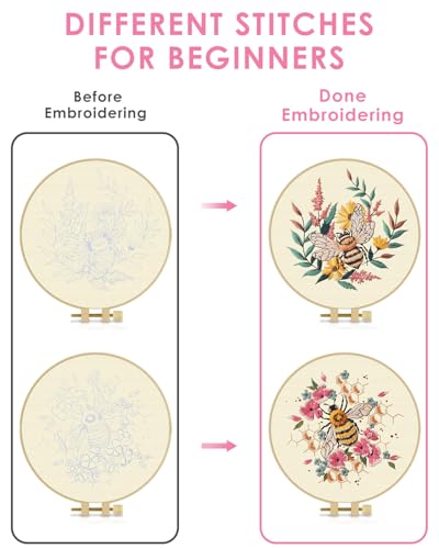 TINDTOP 2 Pack Embroidery Kit for Adult, Embroidery DIY Starter Kit, with Stamped Patterns, Hoop, Tools, Colorful Threads with Needles, Instructions (Bee) - color: Bee