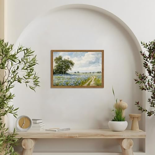 Framed Vintage Canvas Wall Art, Country Landscape Wildflower Field Wall Decor Paintings, Rustic Nature Pictures Prints Home Decor for Living Room Bedroom Bathroom Farmhouse 12x16 inch - color: Blue Wildflower, size: 16"L x 12"W
