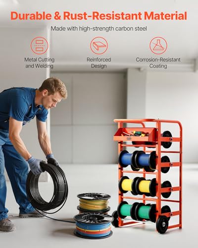 VEVOR Wire Spool Rack, 11 Rods, Multi-Spool Wire Rack Dispenser, Cable Caddy with Wheels, Cable Holder with Storage Tray for Wiring Storage, for Electrical, Industrial & Retail Use, Working Efficiency - style: Wire Storage Cart