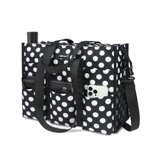 TOPDesign Utility Water Resistant Tote Bag with 22 Pockets, Zipper Closure - color: Polka Dots, size: Medium