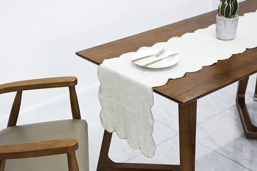 100% Natural Linen Rustic Scalloped Embroidery Table Runner 144 Inches Long, Linen Table Runner 14 x 144 Inch for Dresser and Dining Tables Decor, 12-14 Sets, 14''x144'' Linen(Edges-Gold) - size: 14''x144''