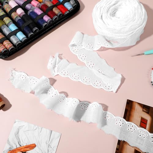15 Yards Eyelet Lace Trim, White Cotton Lace Ribbon Wavy Edge Floral Embroidery Ruffle Laces Trim for Sewing Dress Clothes Bag Dolls Pets Clothes