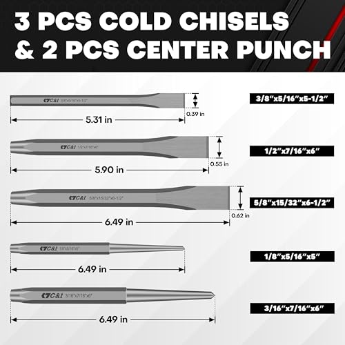 C&T 16-Piece Punch and Chisel Set with Storage Pouch, Including Taper Punch, Cold Chisels, Pin, Center Punch, Chrome Vanadium Steel - size: 16-Piece