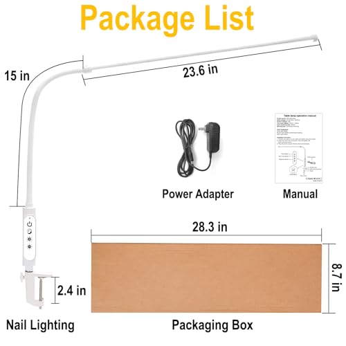 CGBE Nail Light for Desk, 23.6" Nail Desk Lamp with 360° Flexible Gooseneck - color: White-Clip