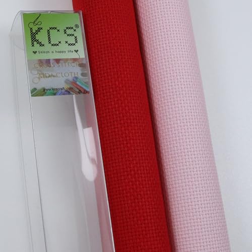 KCS 2 pc of 15" x 18"(38cmx45cm) Counted Cross Stitch Cotton Aida Cloth Needlework Fabric Box (Pink+Red, 16CT) - color: Pink+red, size: 16CT
