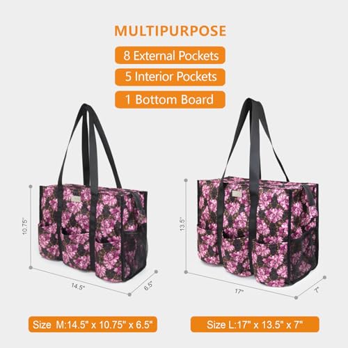 TOPDesign Utility Water Resistant Tote Bag with 13 Pockets, Zipper Closure - color: Baroque Carnation, size: Medium