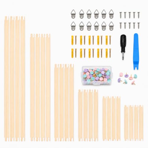 24 Pcs Needlepoint Stretcher Bars for Needlework, 6 Sizes Wooden Canvas Stretcher Bars with Thumb Tacks, Tack Puller Tool & Hanging Hardware, Adjustable Cross Stitch Embroidery Frame Kit, 6" to 16"