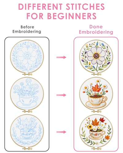 TINDTOP Embroidery Kit for Adult, 3 Pack Embroidery DIY Starter Kit, with Stamped Patterns, Hoop, Tools, Colorful Threads with Needles, Instructions (Flower Cup) - color: Flower Cup