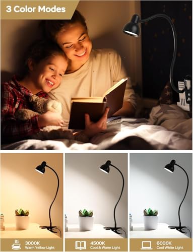 Clip on Light Reading Light for Bed 3 Color Modes Black - color: Black