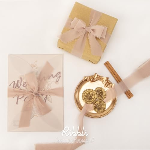Ribbli Beige Ribbon 1 Inch x 3 Rolls Total 24 Yards Natural Handmade Fringe Chiffon Silk Ribbon for Wrapping Wedding Invitations Bridal Bouquets DIY Crafts Home Decor - color: Beige