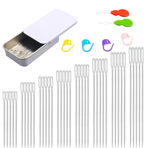 Eketirry 40PCS Large Eye Sewing Needles, 8 Sizes Hand Sewing Sharp Needles, Embroidery Needle, Leather Needle,Stainless Steel Yarn Needles with Threaders & Stitch Markers (White), EK-4080-DAYANN01 - color: White