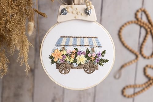 Looples Embroidery Kit for Beginners and Adults with Video Tutorials – DIY Starter Kit with 3 Stamped Floral Patterns, Hoops, Threads, Needles, and Instructions - Cart, Glass Jar, and Flowers - color: Cart, Jar and Flowers