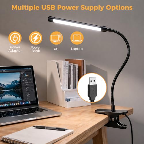 Clip on Reading Light for Books in Bed: Adjustable Dimmable Gooseneck Eye Caring LED Small Desk Table Lamps with Clamp: 3 Modes Lighting Night Lamp for Bed Headboard - Bedside（with Power Adapter）