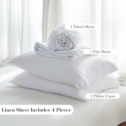 Simple&Opulence 100% French Linen Sheet Set Breathable Durable for Hot Sleepers Bedding 4 Pcs - 1 Flat Sheet,1 Fitted Sheet,2 Pillowcases with Hemstitch Lace Embroidery Design (White, King) - color: Hemstitch White, size: King