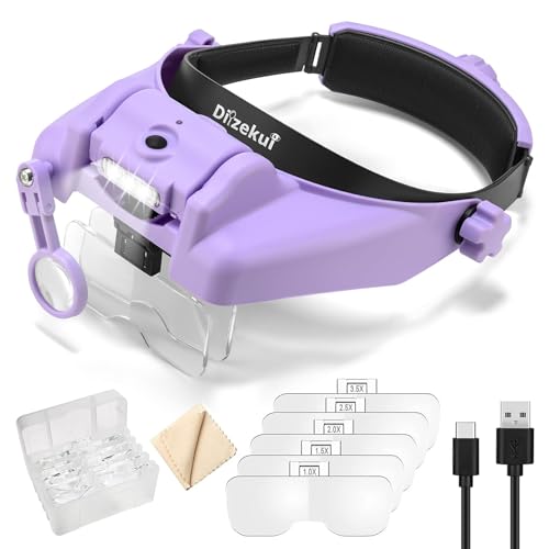 Dilzekui Magnifying Glass with Light 1X-14X, Rechargeable Headset Magnifier - color: Purple
