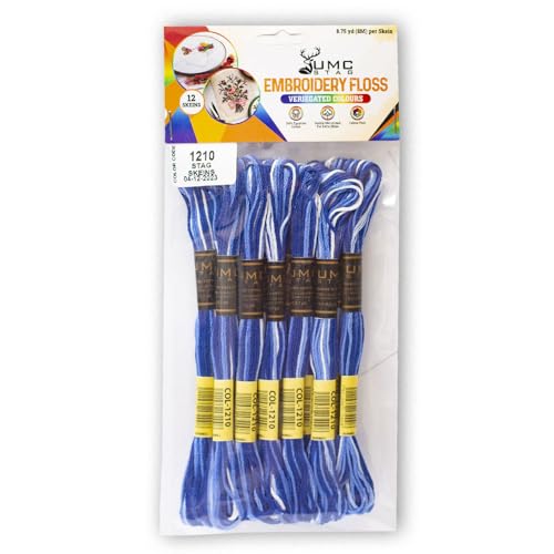 Pack of 12 Premium Embroidery Thread | 100% Egyptian Cotton Premium Skeins | Cross Stitch Embroidery Floss | Oeko TEX Certified | Ideal for Arts & Crafts (Blue Variegated 1210) - color: Blue Variegated 1210