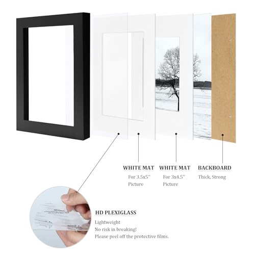 Egofine 4x6 Picture Frame Made of Solid Wood with Plexiglass, Display Pictures 3x4.5 and 3.5x5 with Mat or 4x6 Without Mat for Tabletop and Wall Mounting, Black - color: Black, size: 4x6