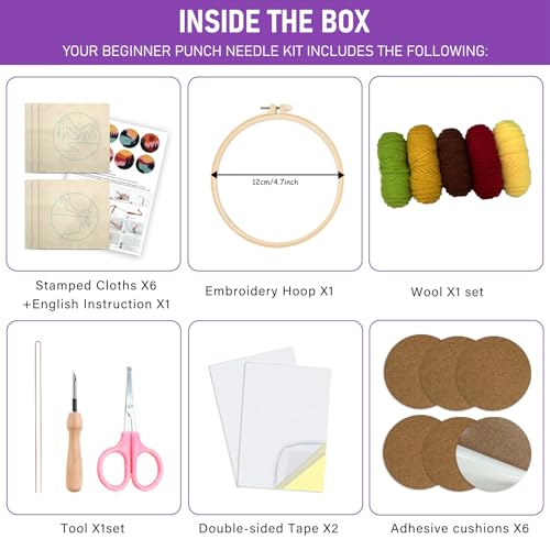 Punch Needle Coasters Kit for Beginners Adults, 6 Pattern Embroidery Scenery Punch Needle Kits, Scenery Punch Decoration DIY Kit with Patterns, Tools, Yarns, Hoop, Instruction Art Craft Supplies