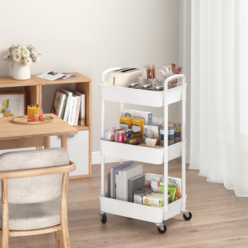Sywhitta 3-Tier Plastic Rolling Utility Cart with Wheels for Storage,White - color: White, size: 3-tier