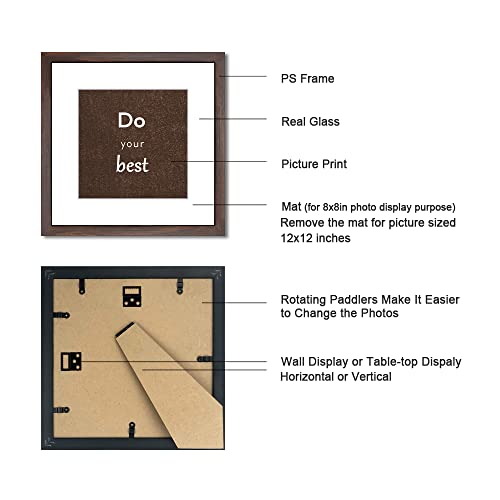 12x12 Walnut Picture Frame Set of 3 for Pictures 8x8 with Mat or 12x12 Without Mat,Wall or Tabletop Gallery Photo Frames with Real Glass - color: Walnut, size: 12x12(set of 3)