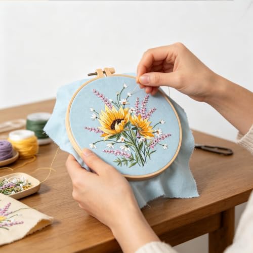 Silentsea Embroidery Kit – Sunny Sunflowers with Delicate Purple and White Floral Accents, Perfect for Beginners and Craft Lovers - color: Sunflower