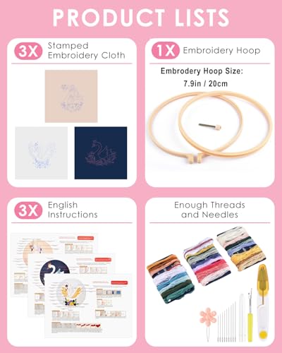 TINDTOP 3 Pack Embroidery Kit for Adult Beginners, Embroidery DIY Starter Kit, with Swan Stamped Patterns, Hoop, Tools, Colorful Threads with Needles, Instructions - color: Swan
