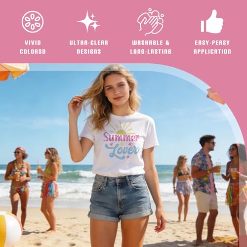 Dazoratix Summer Iron on Transfers - 20 Sheets Colorful Beach Vibes DTF Ready to Press Bulk Sun Heat Patches Stickers Vinyl Decals for T Shirts Clothing Pillow Bag Hat DIY Crafts Appliques Decorations - style: Summer