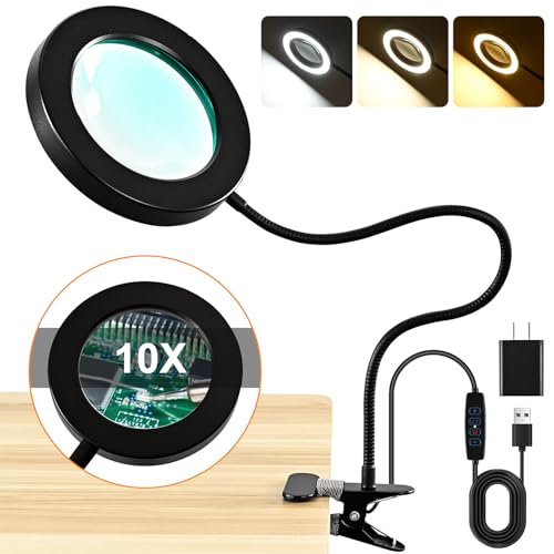 10X Magnifying Glass with Light and Timer, 2 in 1 Magnifying Desk Lamp, 3 Color Modes 10 Dimmable Brightness, Flexible Gooseneck Magnifier with Light for Craft Hobby Painting Sewing Close Work - size: 120MM