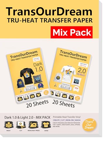 TransOurDream Tru-Iron on Heat Transfer Paper for Dark and Light T Shirts (20+20 Sheets, 8.5x11", Mix Pack) Printable HTV Heat Transfers Vinyl for Inkjet Printers Iron on Transfers for Fabrics - color: Mix-D1L2, size: 40 Sheets