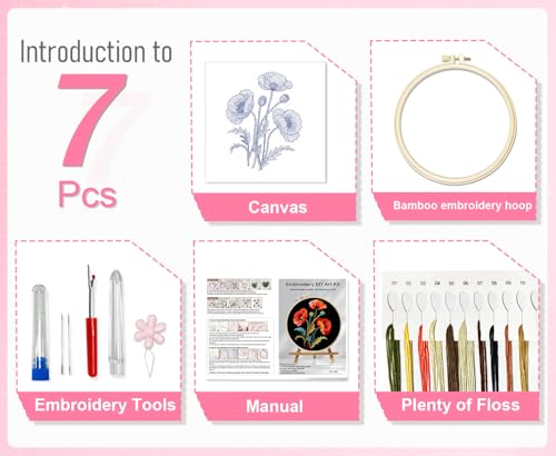 Huacan Embroidery Kit for Beginners, Flower Pre-Stamped Pattern Kits for Adults with Hoop, Easy to Follow Color Thread Needlework