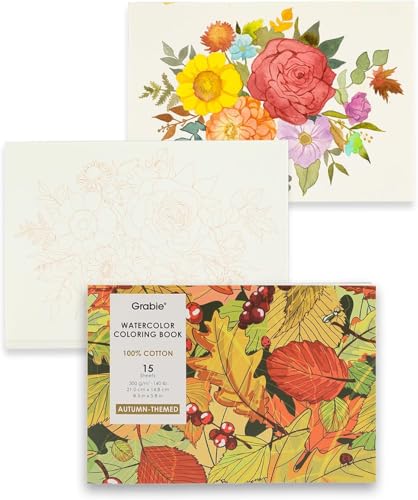Grabie Watercolor Coloring Book, 15 A5 Cotton Sheets, Autumn-Themed - color: Autumn