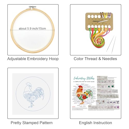 Louise Maelys Embroidery Kit for Beginners with Funny Rooster and Flower - color: Rooster